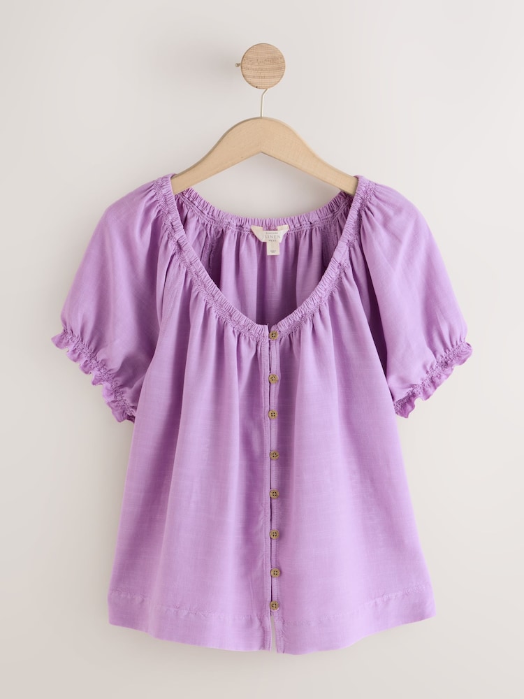Purple Puff Sleeve Button Front Bardot Top With Linen - Image 1 of 4