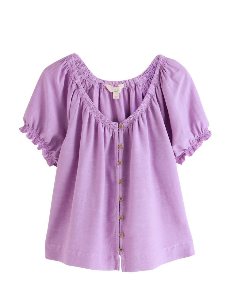 Purple Puff Sleeve Button Front Bardot Top With Linen - Image 2 of 4