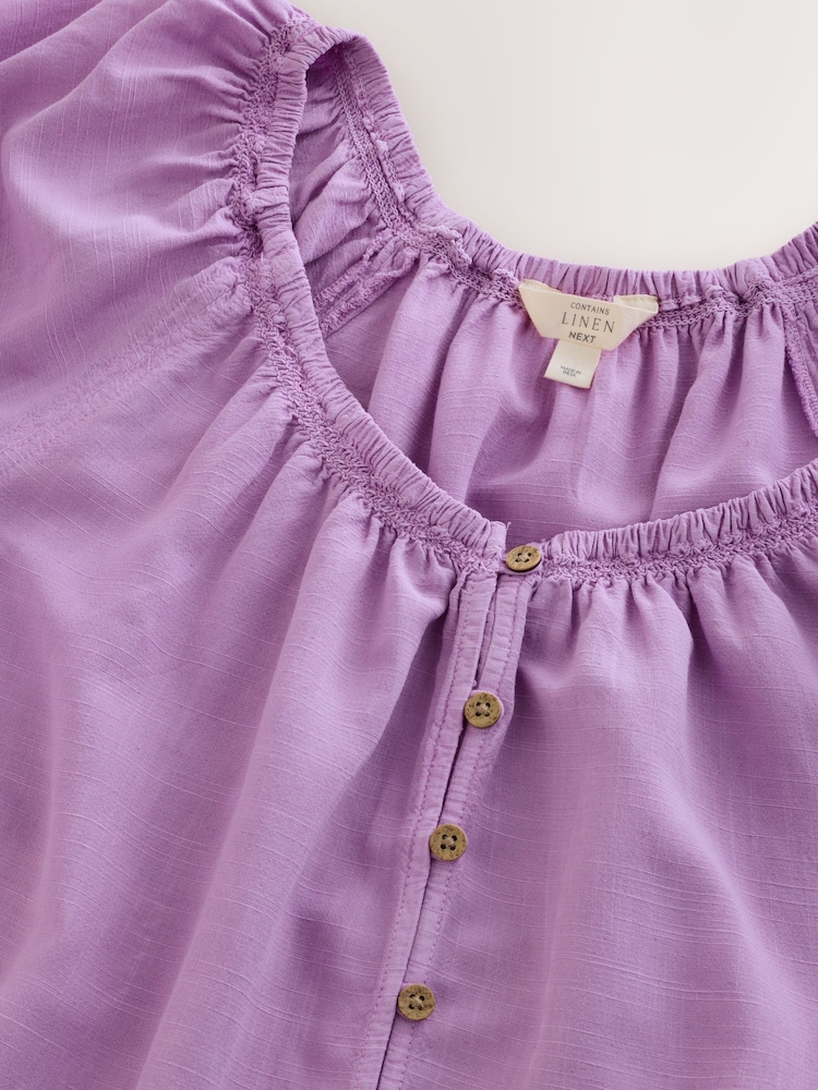 Purple Puff Sleeve Button Front Bardot Top With Linen - Image 3 of 3