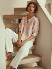 Pink Embroidered Paisley Tie-Neck Blouse - Image 1 of 4