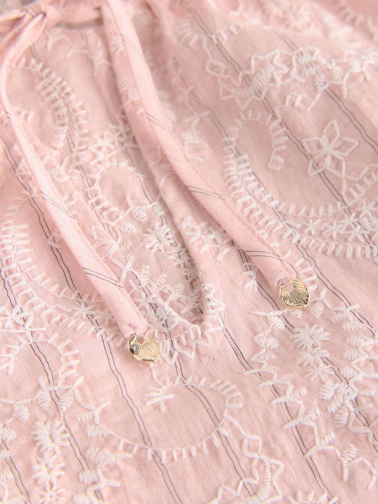 粉红色 - 刺绣佩斯利花纹系领女式衬衫 - 7的图像7｝