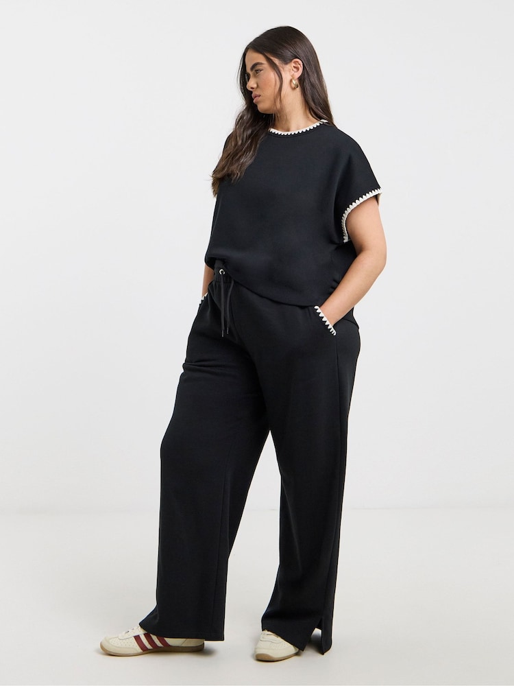 Simply Be Black Wide Leg Blanket Stitch Joggers - Image 1 of 4