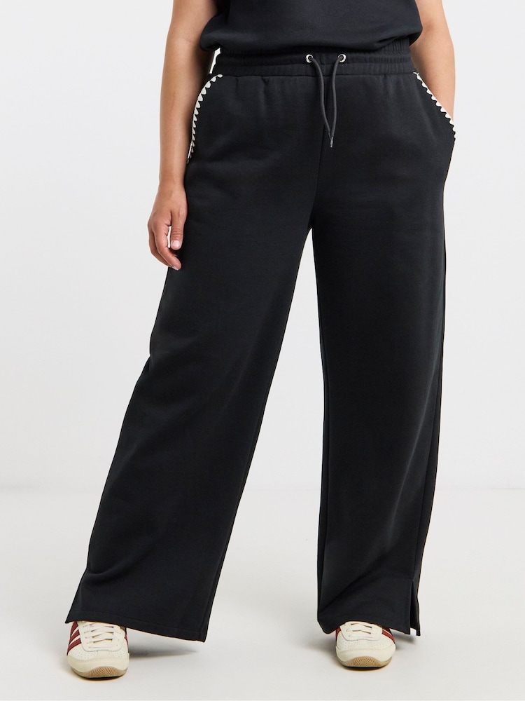 Simply Be Black Wide Leg Blanket Stitch Joggers - Image 2 of 4