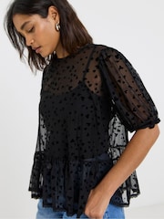 Simply Be Black Velvet Heart Print Mesh Puff Sleeve Top - Image 1 of 4