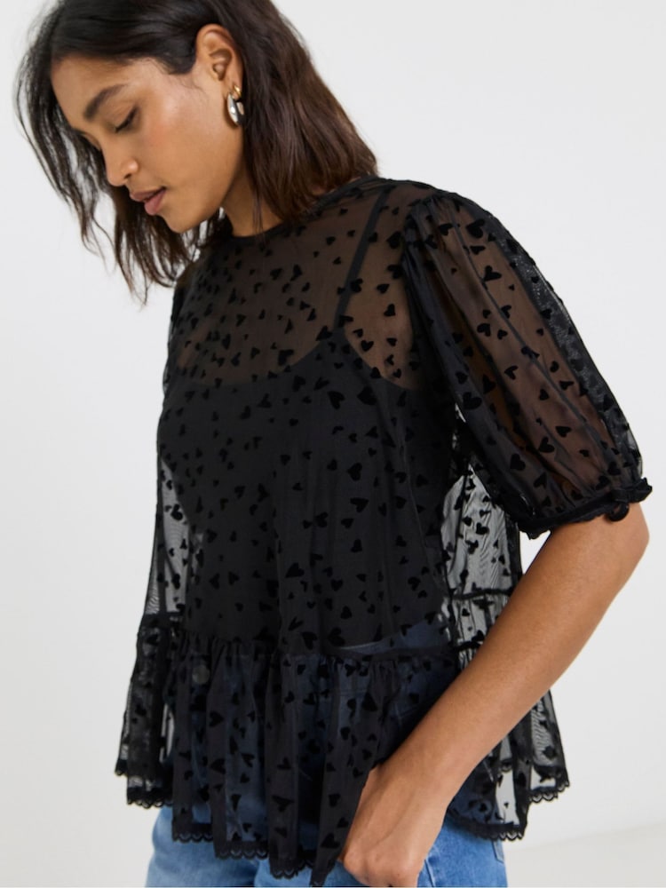 Simply Be Black Velvet Heart Print Mesh Puff Sleeve Top - Image 1 of 4