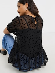 Simply Be Black Velvet Heart Print Mesh Puff Sleeve Top - Image 2 of 4