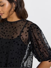 Simply Be Black Velvet Heart Print Mesh Puff Sleeve Top - Image 3 of 4