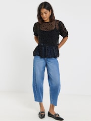 Simply Be Black Velvet Heart Print Mesh Puff Sleeve Top - Image 4 of 4