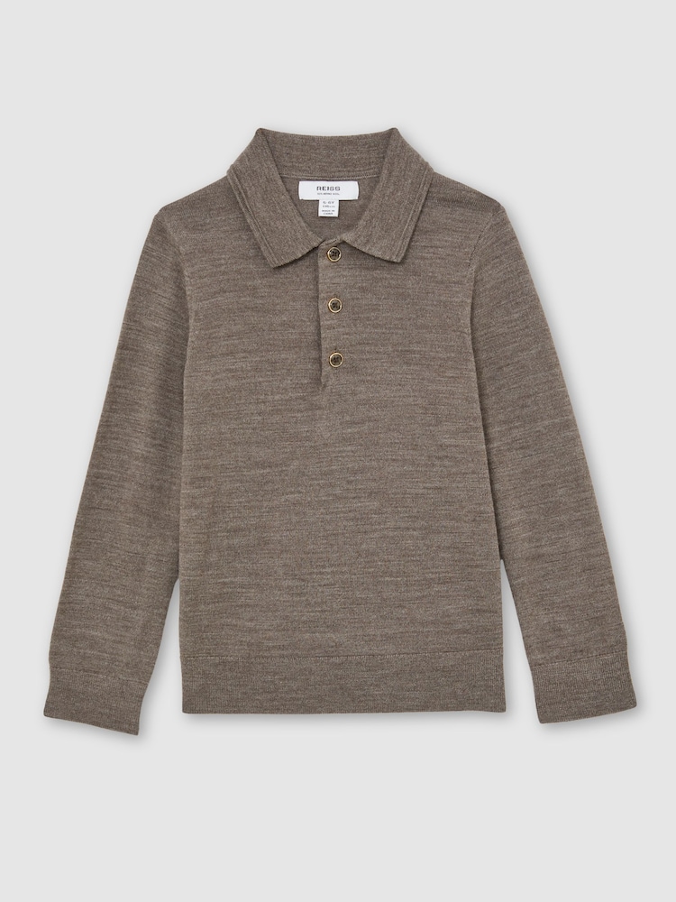 Reiss Dark Brown Melange Trafford Merino Wool Long-Sleeve Polo Shirt - Image 2 of 4 Reiss Dark Brown Melange Trafford Merino Wool Long-Sleeve Polo Shirt - Image 2 of 4