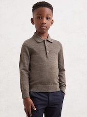 Reiss Dark Brown Melange Trafford Merino Wool Long-Sleeve Polo Shirt - Image 3 of 4