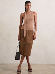 Reiss Tan Brown Miley Suede Straight-Fit Midi Skirt - Image 1 of 7