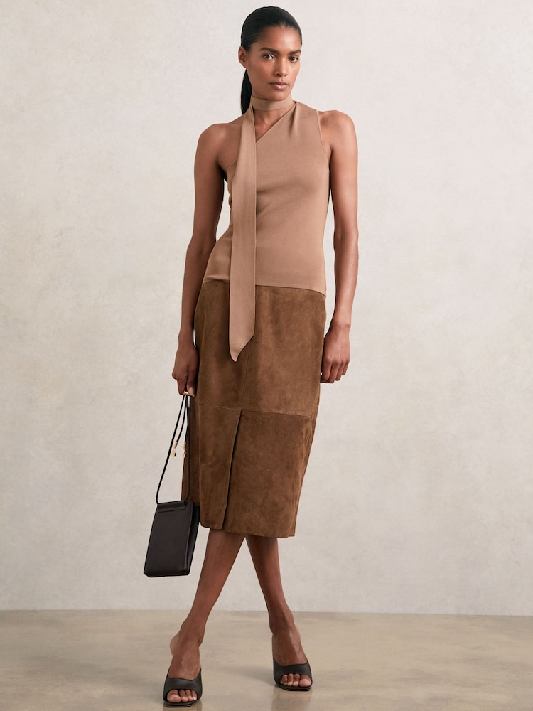Reiss Tan Brown Miley Suede Straight-Fit Midi Skirt - Image 1 of 7