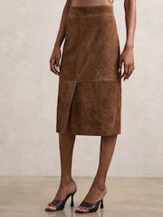 Reiss Tan Brown Miley Suede Straight-Fit Midi Skirt - Image 3 of 7