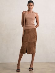 Reiss Tan Brown Miley Suede Straight-Fit Midi Skirt - Image 5 of 7