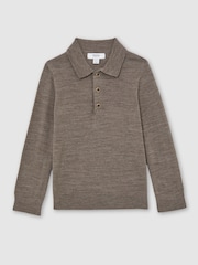 Reiss Dark Brown Melange Trafford Merino Wool Long-Sleeve Polo Shirt - Image 2 of 4