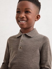 Reiss Dark Brown Melange Trafford Merino Wool Long-Sleeve Polo Shirt - Image 3 of 4