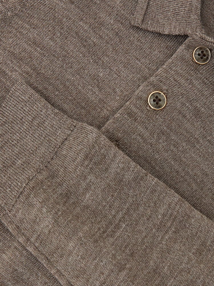 Reiss Dark Brown Melange Trafford Merino Wool Long-Sleeve Polo Shirt - Image 4 of 4 Reiss Dark Brown Melange Trafford Merino Wool Long-Sleeve Polo Shirt - Image 4 of 4