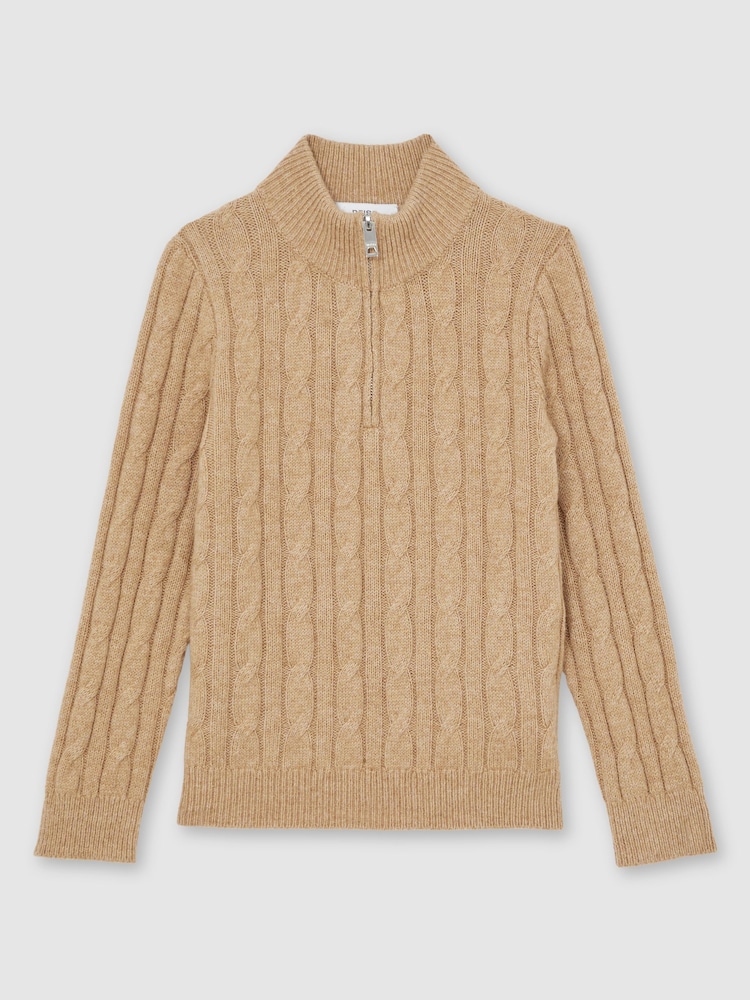 Reiss Camel Melange Clovelly 3-9 yrs Wool-Blend Half-Zip Cable Knit Jumper - Image 2 of 4 Reiss Camel Melange Clovelly 3-9 yrs Wool-Blend Half-Zip Cable Knit Jumper - Image 2 of 4