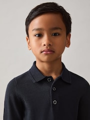 Reiss Navy Trafford Merino Wool Long-Sleeve Polo Shirt - Image 1 of 4