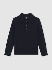 Reiss Navy Trafford Merino Wool Long-Sleeve Polo Shirt - Image 2 of 4