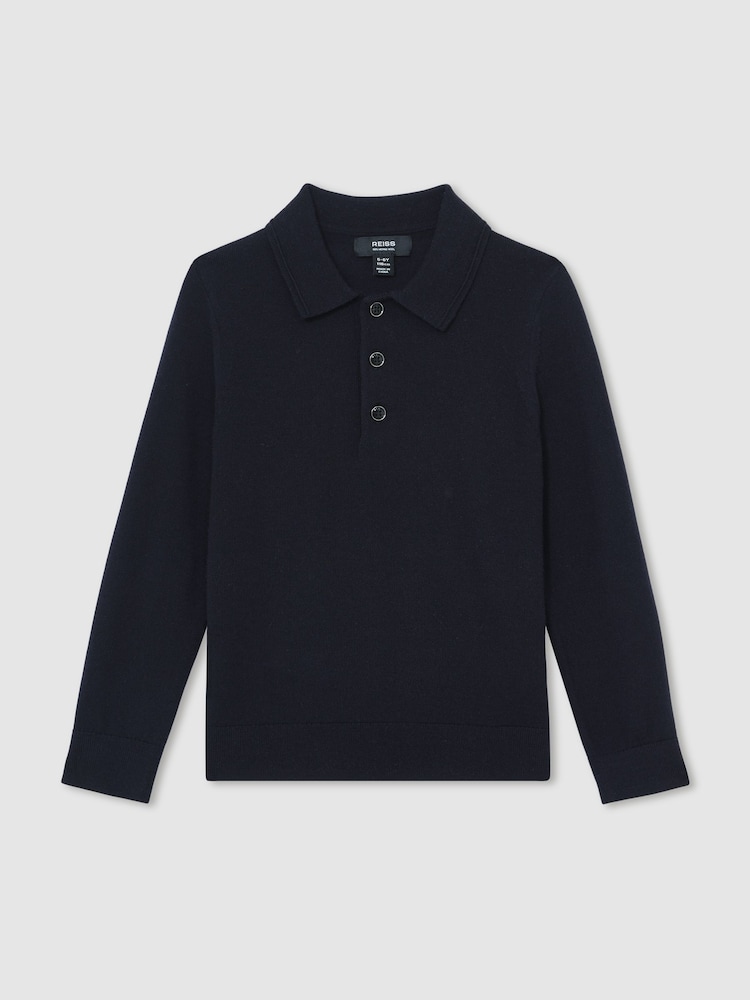 Reiss Navy Trafford Merino Wool Long-Sleeve Polo Shirt - Image 2 of 4