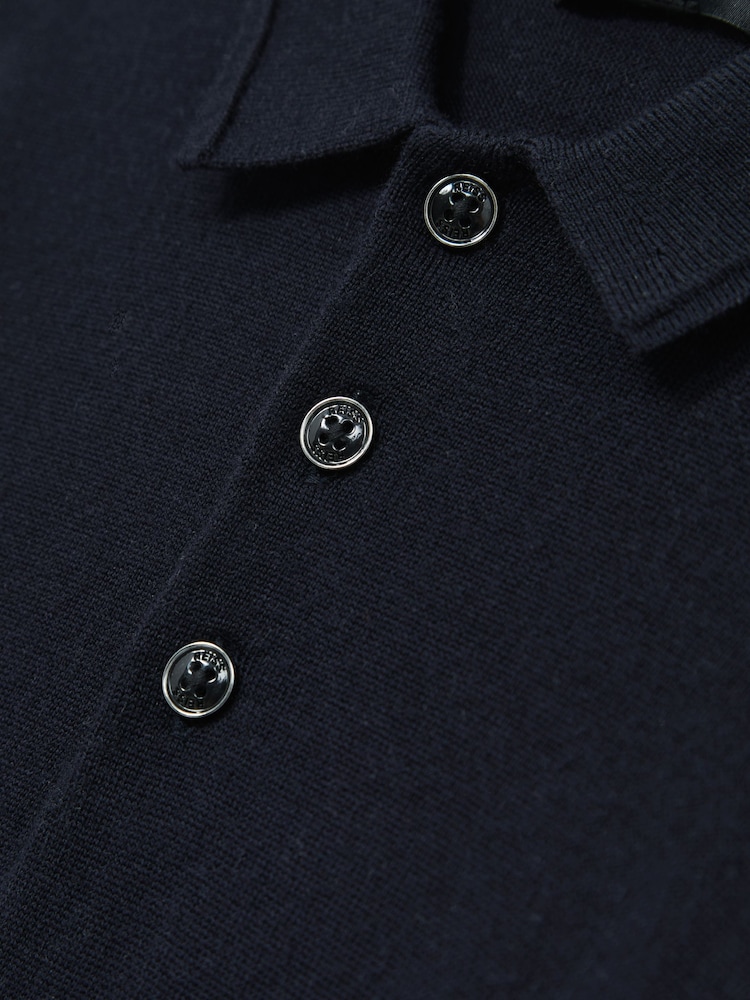 Reiss Navy Trafford Merino Wool Long-Sleeve Polo Shirt - Image 4 of 4