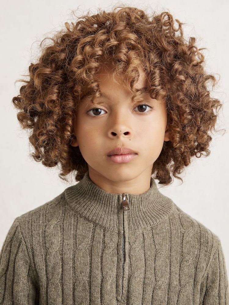 Reiss Sage Green Clovelly 9-13 yrs Wool-Blend Half-Zip Cable Knit Jumper - Image 1 of 4 Reiss Sage Green Clovelly 9-13 yrs Wool-Blend Half-Zip Cable Knit Jumper - Image 1 of 4