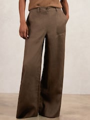 Reiss Chocolate Brown Ashby Petite Linen Wide Leg Trousers - Image 1 of 7