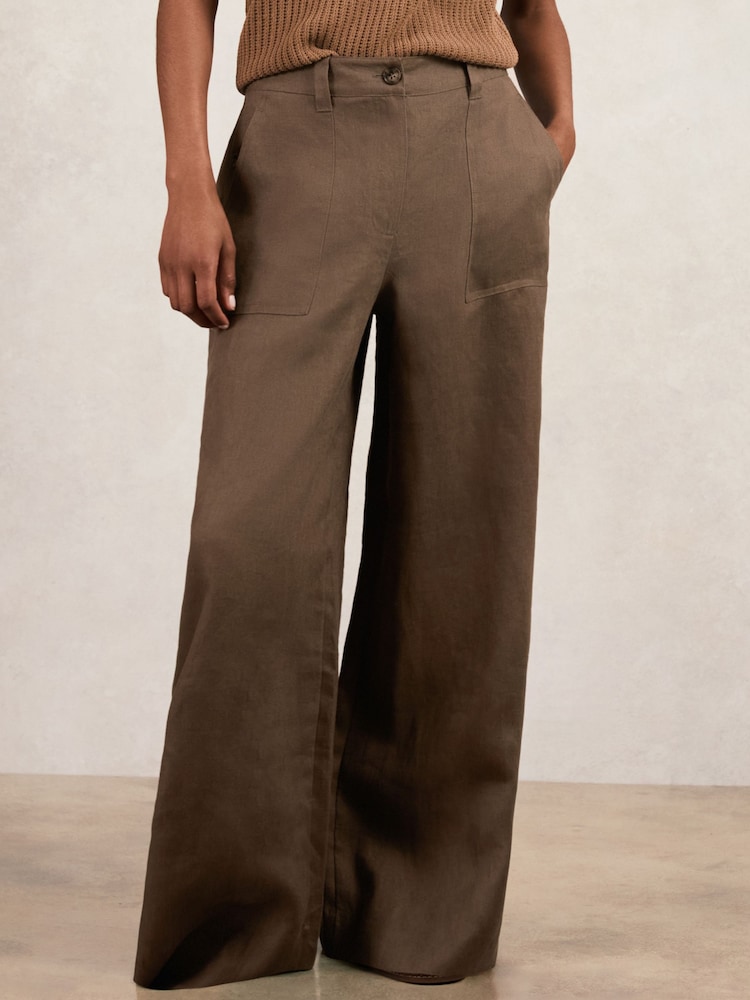Reiss Chocolate Brown Ashby Petite Linen Wide Leg Trousers - Image 1 of 7