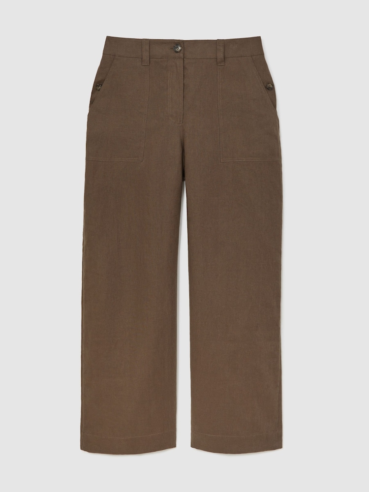 Reiss Chocolate Brown Ashby Petite Linen Wide Leg Trousers - Image 2 of 7