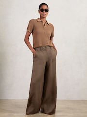 Reiss Chocolate Brown Ashby Petite Linen Wide Leg Trousers - Image 3 of 7