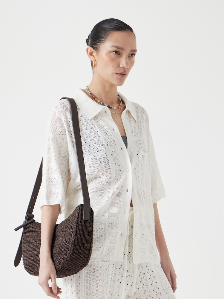 بني - Hush Raffia Cross-Body Bag With Leather Strap - صورة 4 من 4