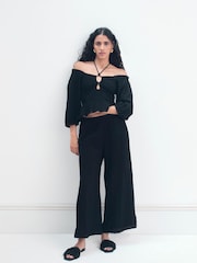 Hush Black Crinkle Wide Leg Cropped Trousers - Image 5 of 6