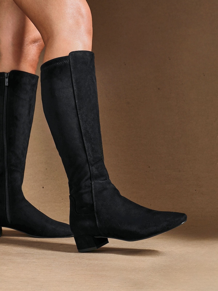 Linzi Black Suede Revolve High Leg Boot With Low Block Heel - Image 2 of 6 Linzi Black Suede Revolve High Leg Boot With Low Block Heel - Image 2 of 6