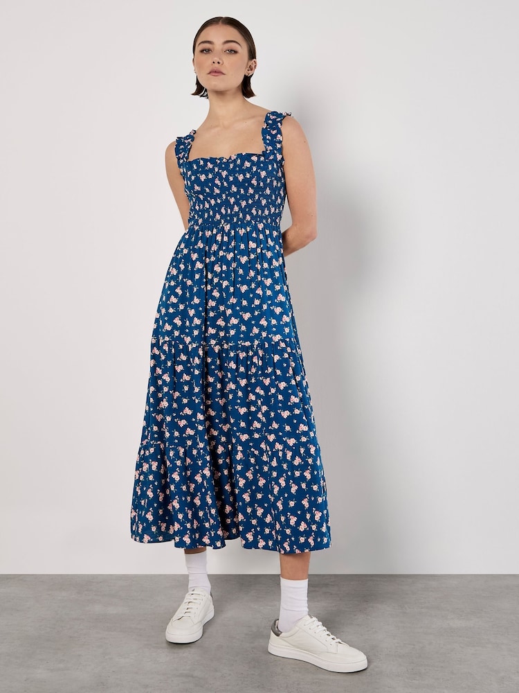 Apricot Blue Spaced Ditsy Smocked Tiered Dress - Image 1 of 4