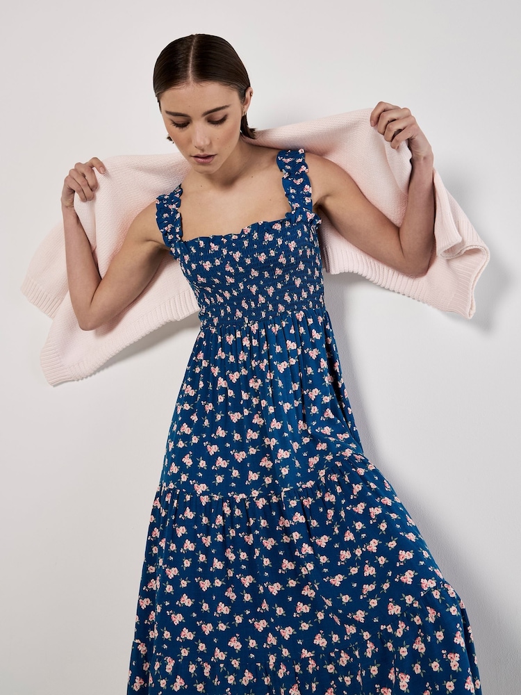 Apricot Blue Spaced Ditsy Smocked Tiered Dress - Image 2 of 4