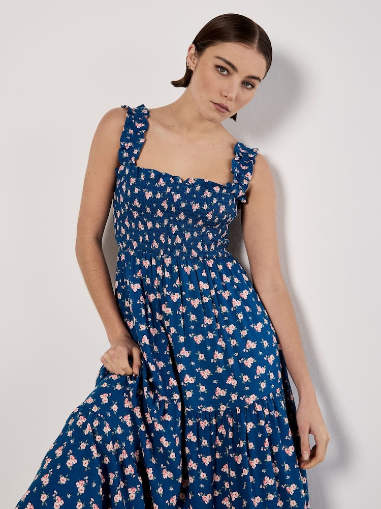 Apricot Blue Spaced Ditsy Smocked Tiered Dress - Image 4 of 4