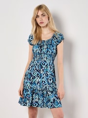 Apricot Blue Tie Dye Ikat Milkmaid Tiered Dress - Image 1 of 4