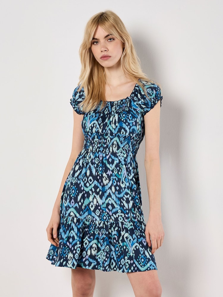 Apricot Blue Tie Dye Ikat Milkmaid Tiered Dress - Image 1 of 4