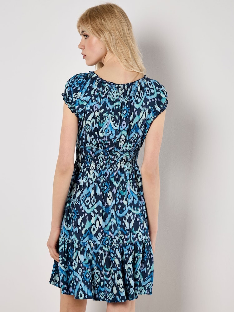 Apricot Blue Tie Dye Ikat Milkmaid Tiered Dress - Image 4 of 4