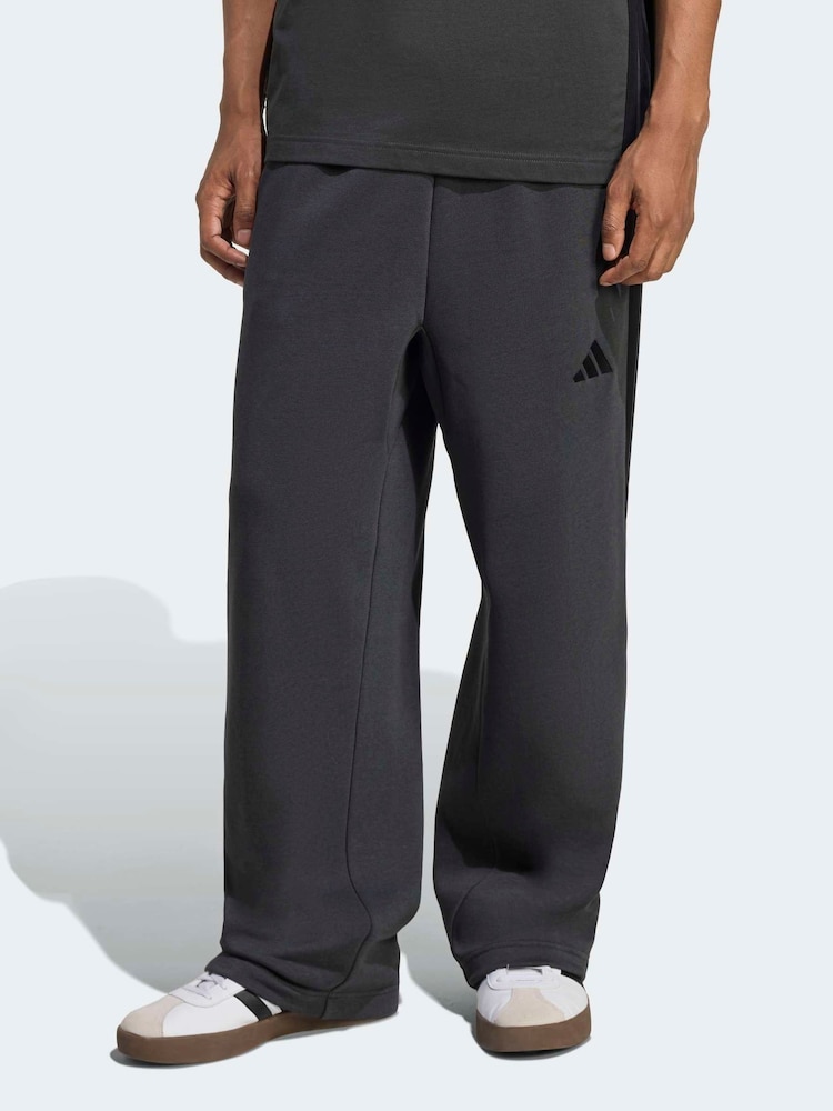 adidas Grey Essentials Three Stripes Fleece Wide Leg Trousers - Image 1 of 6