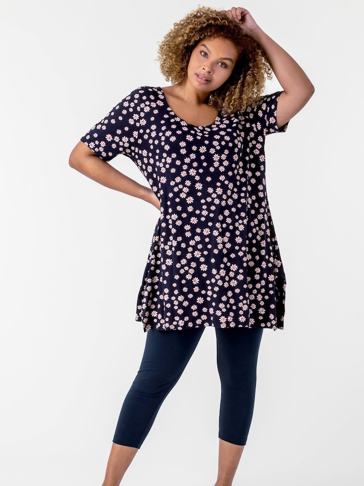 Roman Blue Curve Plain Elastic Waist Cropped Leggings - Image 1 of 4