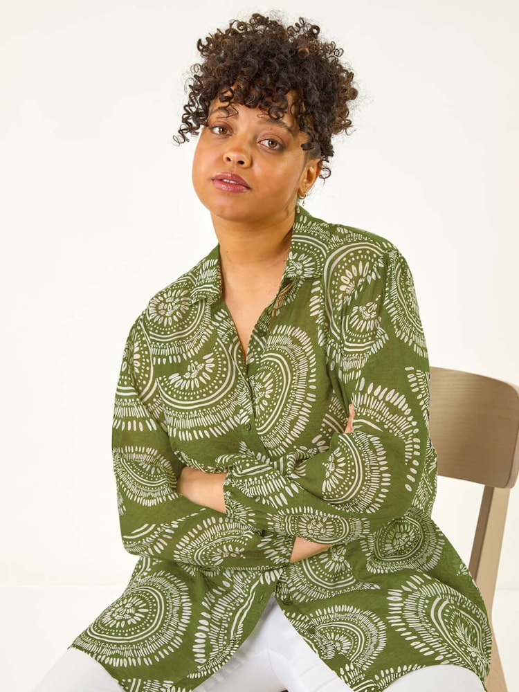 Roman Green Curve Abstract Print Woven Shirt - Image 1 of 5
