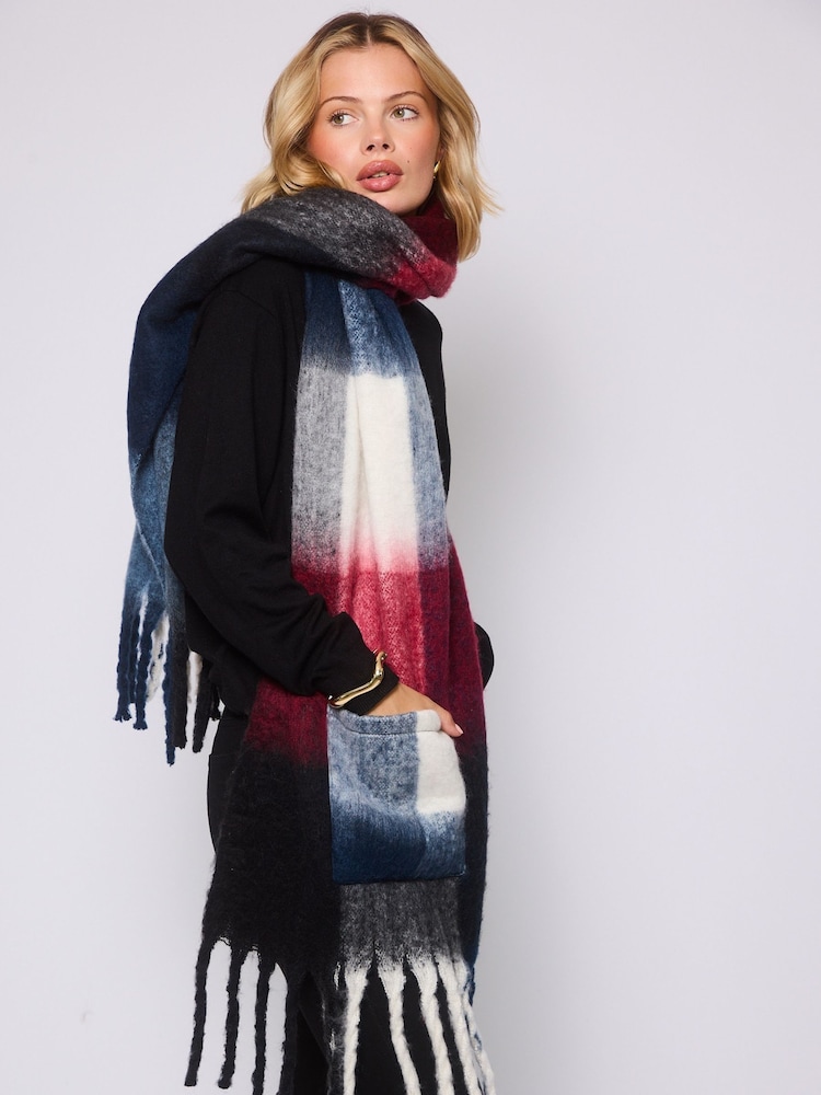 South Beach Red Fluffy Check Scarf with Pocket - Image 1 of 3 South Beach Red Fluffy Check Scarf with Pocket - Image 1 of 3