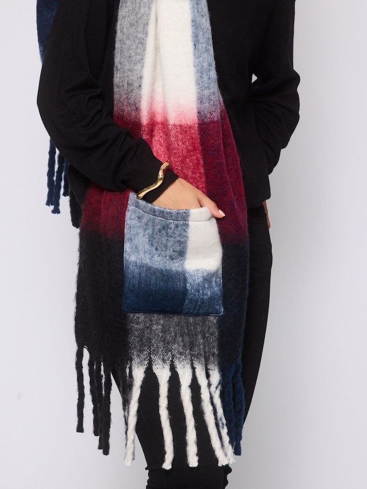 South Beach Red Fluffy Check Scarf with Pocket - Image 3 of 3 South Beach Red Fluffy Check Scarf with Pocket - Image 3 of 3