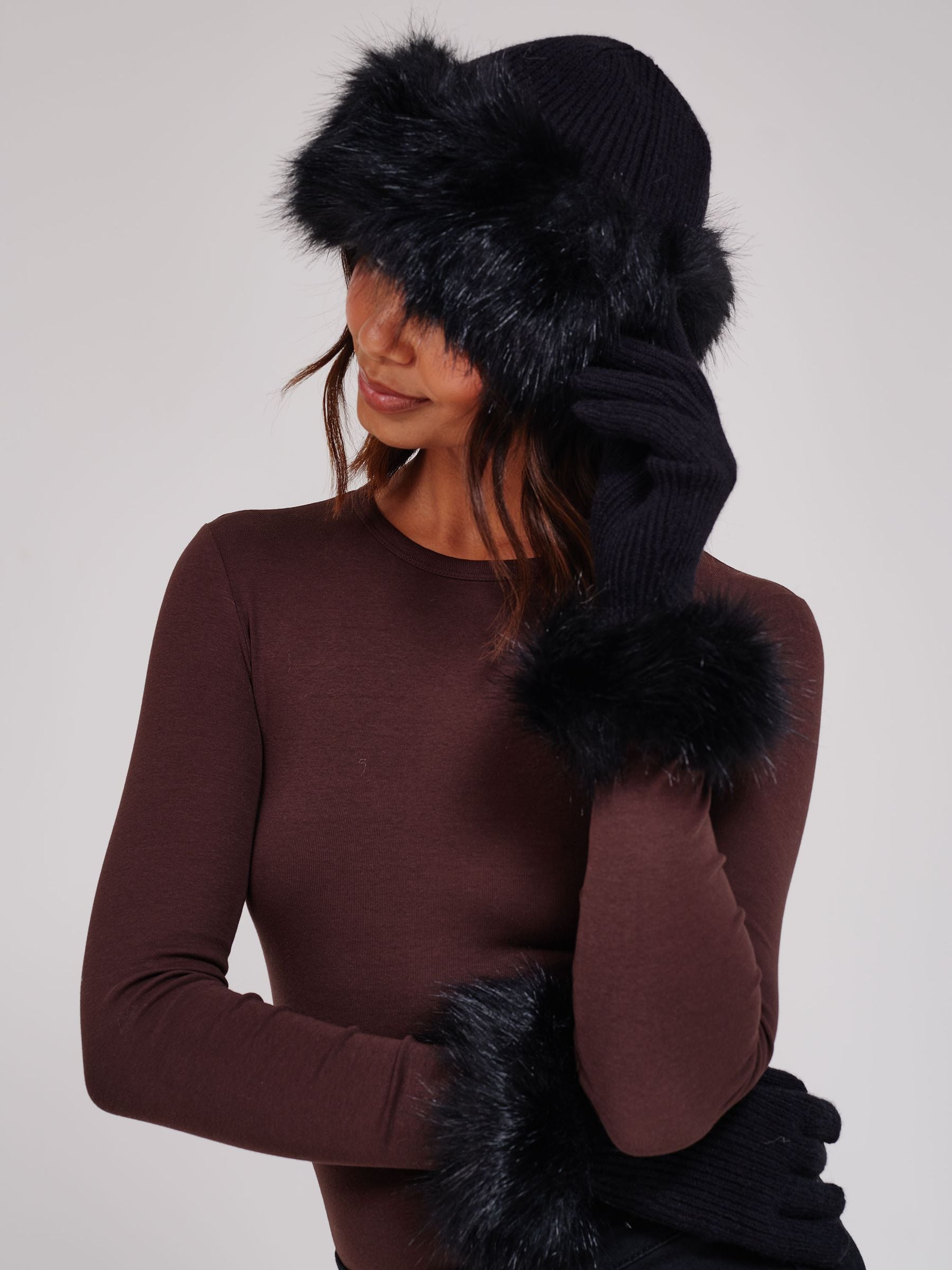 New INC from Macys Women’s Hat & Gloves Set Gift Set Winter Accessories Faux Fur Faux Fur-Lined Beanie and Glove Set Warmth, Black | Woman Within main image 2