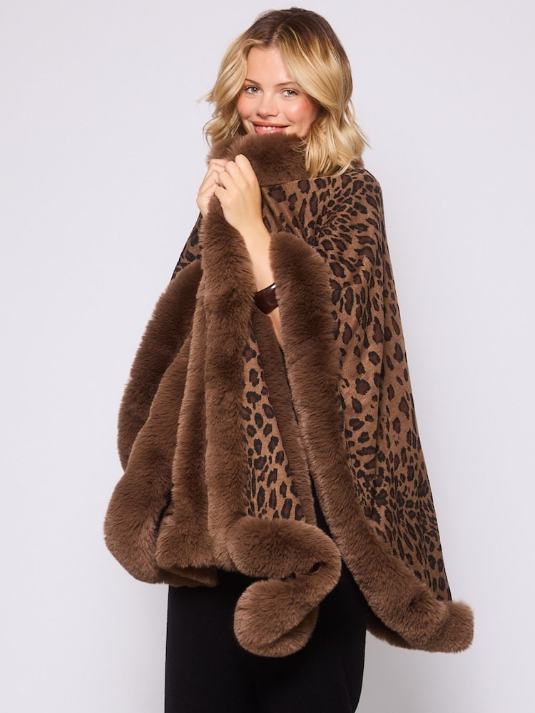 South Beach Animal Leopard Faux Fur Trim Shawl - Image 4 of 4 South Beach Animal Leopard Faux Fur Trim Shawl - Image 4 of 4