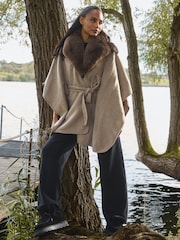 South Beach Cream Faux Fur Belted Wrap Poncho - Image 3 of 11