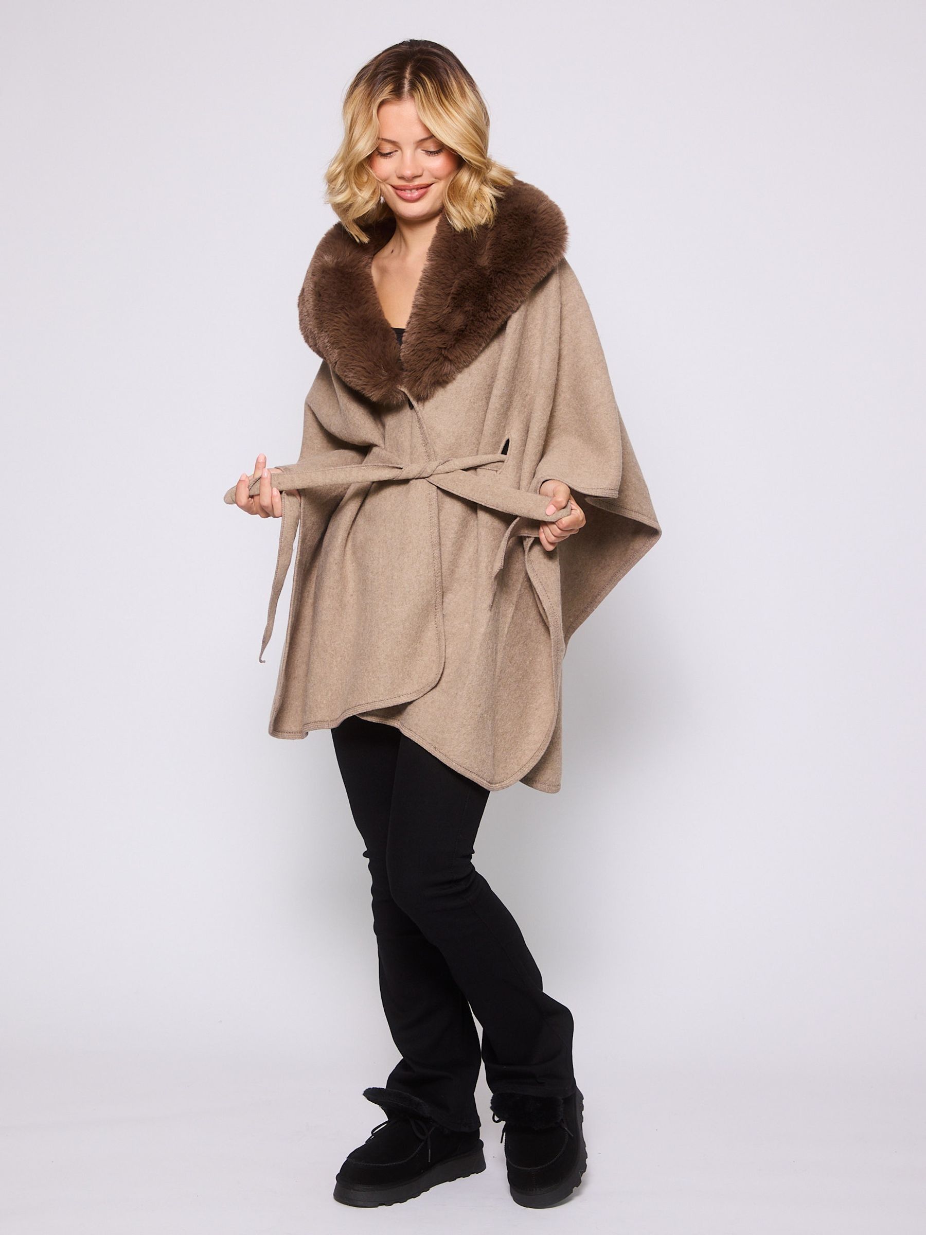 Buy South Beach Beige Faux Fur Belted Wrap Poncho from Next Canada