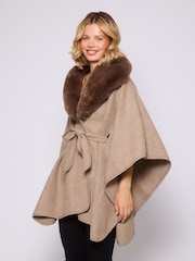 South Beach Cream Faux Fur Belted Wrap Poncho - Image 7 of 11